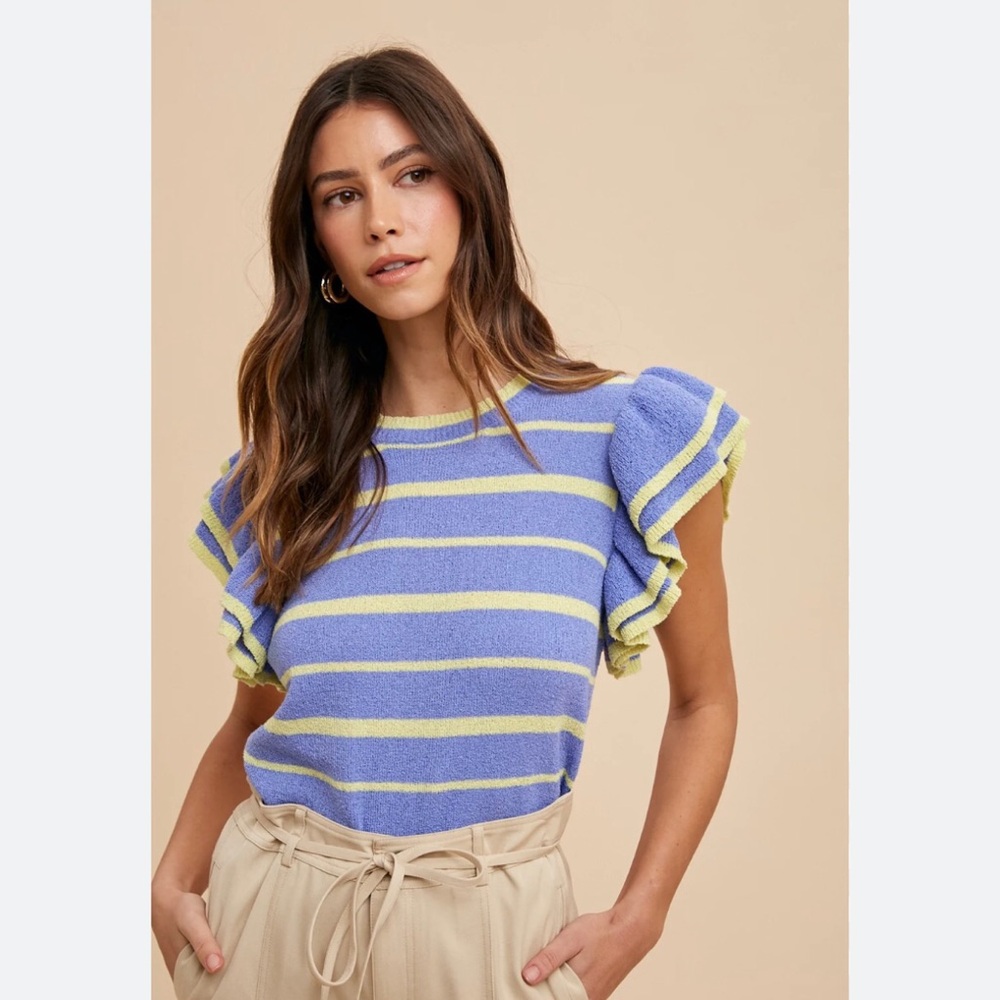 Anniewear Ruffle Sleeve Sweater Top in Lavender and Lime